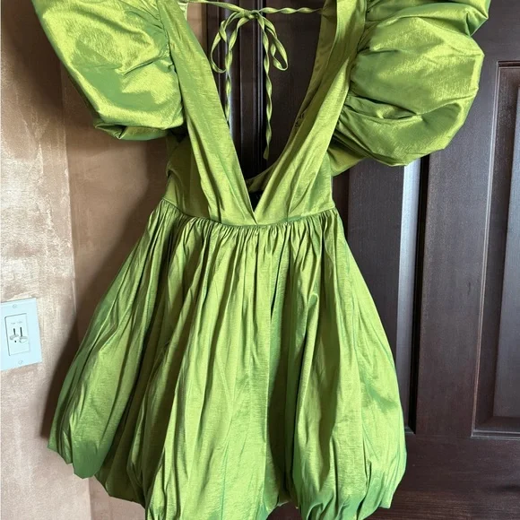 AKIRA Olive Green Satin Mini Dress with Puff Sleeves - Picture 2 of 4